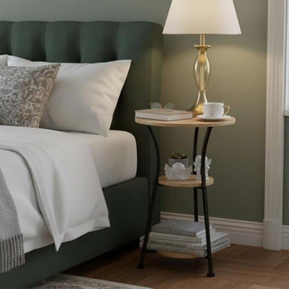 3-Tier Round Side Table with Storage, Industrial End Table for Living Room, Rustic Wood & Metal Bedside Nightstand, Accent Plant Stand for Bedroom Corners & Small Spaces