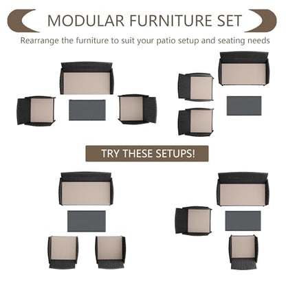 4 Pieces Patio Furniture Set Outdoor Conversation Set Rattan Furniture Set Wicker Chairs and Sofa with Glass Table for Porch Pool Backyard Garden Sand