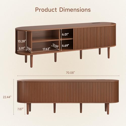 70" TV Stand with Power Outlet & Wood Leg for TVs up to 79", Walnut, view 3