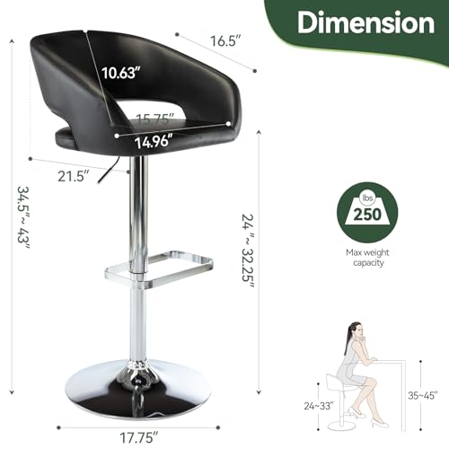 Adjustable Bar Stool with Hollow Back and Arms, Modern PU Leather Swivel Barstool, Airlift Counter Height Bar Chair for Kitchen Dining Room (Black)