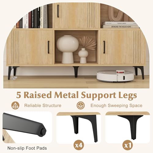 Storage Cabinet, Sideboard with 3 Doors, 3 Open Compartments, Bookcase with 5 Raised Metal Legs, Buffet Table, Bookshelf, Floor Cabinet for Living Room Display, Dining Room, Entryway, Oak