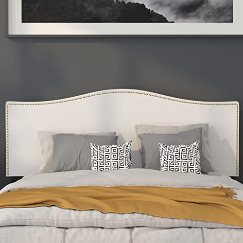 Lexington Upholstered Queen Size Headboard with Accent Nail Trim in White Fabric