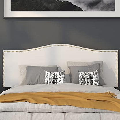 Lexington Upholstered Queen Size Headboard with Accent Nail Trim in White Fabric
