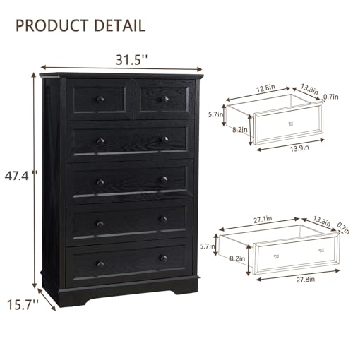 Farmhouse 6 Drawers Dresser, Black 48" Tall Chest of Drawers for Bedroom, view 3