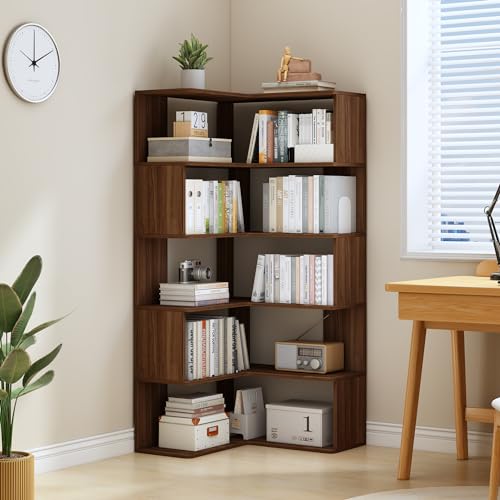 IOTXY 6-Tier L-Shaped Corner Bookshelf, 66-Inch Tall Bookcase, Walnut, view 4