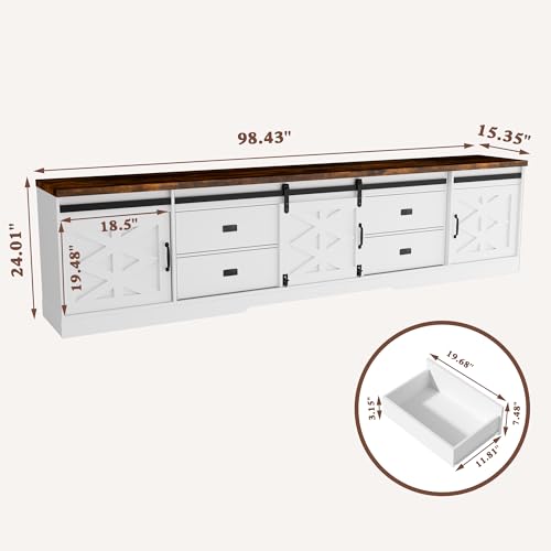 98" Farmhouse TV Stand for 100+ Inch TVs Entertainment Center with Storage Cabinets Large Mid Century Modern Media Console Table TV Cabinet for Living Room,Bedroom,White and Brown