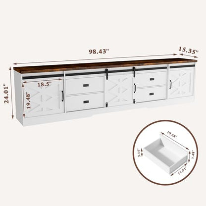 98" Farmhouse TV Stand for 100+ Inch TVs Entertainment Center with Storage Cabinets Large Mid Century Modern Media Console Table TV Cabinet for Living Room,Bedroom,White and Brown