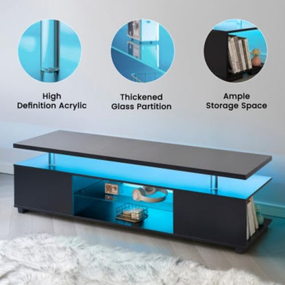 Black TV Stand,LED for Living Room,Glass Entertainment Center TV Stand, TV Console Tables for Living Room,Bedroom,Home Office (White)
