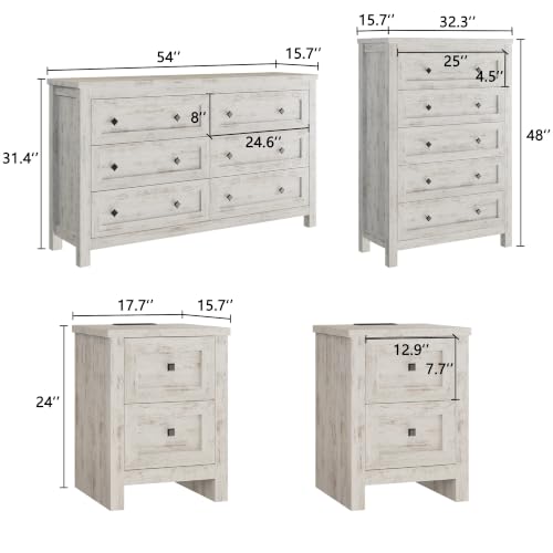 5-Piece Farmhouse Bedroom Set, Queen Bed Frame & Dresser, White, view 3