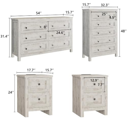 5-Piece Farmhouse Bedroom Set, Queen Bed Frame & Dresser, White, view 3