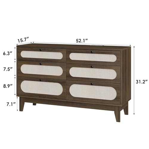 Rattan 6-Drawer Storage Dresser with USB Ports and Power Outlets, Wooden Chest for Bedroom and Living Room, Natural Oak Finish