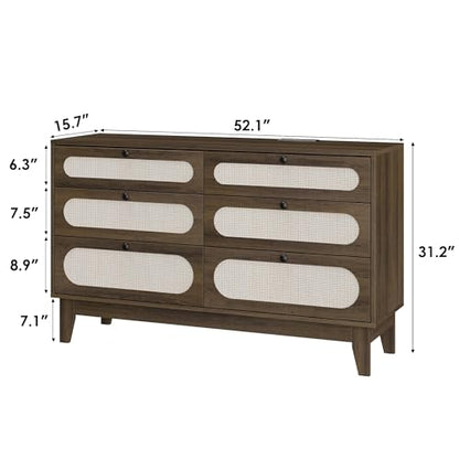 Rattan 6-Drawer Storage Dresser with USB Ports and Power Outlets, Wooden Chest for Bedroom and Living Room, Natural Oak Finish