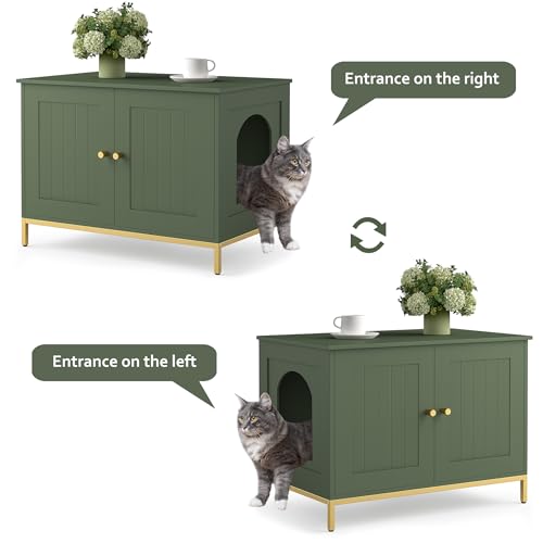 Cat Litter Box Enclosure, Cat Washroom Furniture with Metal Frame, Pet House, Fit Most of Litter Box, Modern Style, Green and Gold
