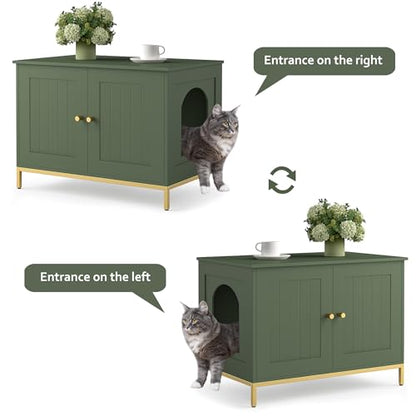 Cat Litter Box Enclosure, Cat Washroom Furniture with Metal Frame, Pet House, Fit Most of Litter Box, Modern Style, Green and Gold