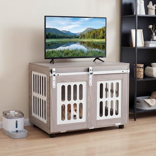 Farmhouse Wooden Dog Crate Furniture with Sliding Barn Door, view 3