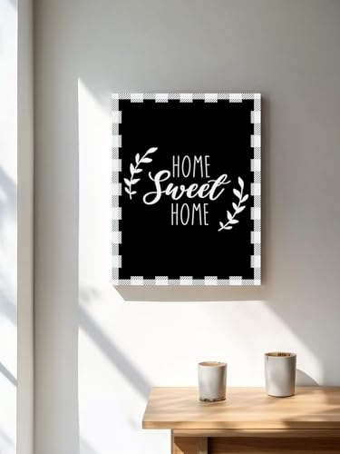 NuYeBiofx Sweet Home Text Leaf on Black Canvas Wall Art Prints,30"x20" Framed Picture Artwork Farmhouse Buffalo Plaid Printed Canvas Oil Painting for Living Room Bedroom Office,Ready to Hang