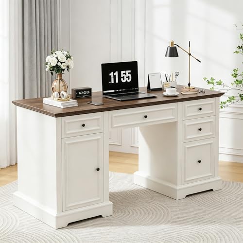 60" Farmhouse Executive Desk with Drawers and Cabinet, view 2