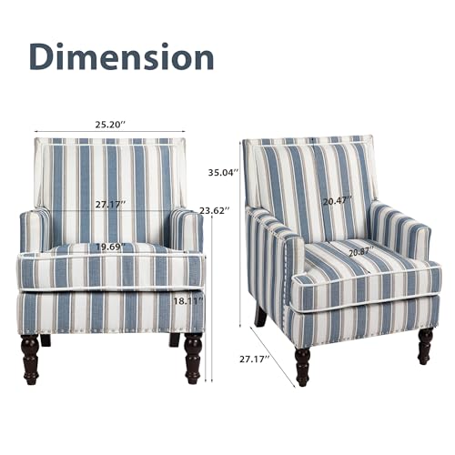 Accent Chair, Comfy Cozy Modern Mid-Century Accent Chairs, Linen Upholstered Lounge Arm Chair with Solid Wood Reading Side Padded Single for Living Room/Office/Balcony/Bedroom-Blue Stripe