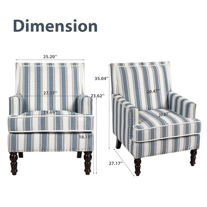 Accent Chair, Comfy Cozy Modern Mid-Century Accent Chairs, Linen Upholstered Lounge Arm Chair with Solid Wood Reading Side Padded Single for Living Room/Office/Balcony/Bedroom-Blue Stripe