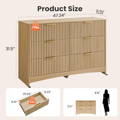 Fluted Dresser for Bedroom, Wide Wooden Dresser with 6 Deep Drawers, Closet Storage Organizer with Round Corner & Pre-Installed Slides, Modern Chests of Drawers for Bedroom, Natural Oak