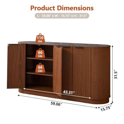 Modern Sideboard Buffet Cabinet with Storage, 59” Curved Credenza, Walnut, view 3