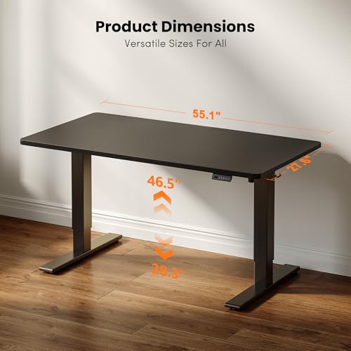 55 x 28 Inch Large One-Piece Standing Desk, Adjustable Height Electric Computer Home Office Sit Stand up Whole Board Workstation, with Memory Presets, Headphone Hook, Black