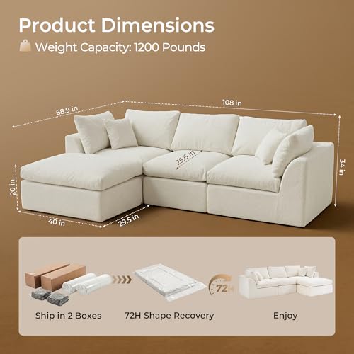 108" Cloud Sectional Couch with 2 Washable Cover Sets | Convertible L Shaped Modular Sofa with Ottoman, 3 Seater Deep Seat Couch for Living Room, White with Extra Gray Covers