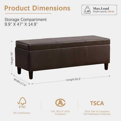 Faux Leather Storage Ottoman Bench 50.3 Inch Extra Long PU Upholstered Bedroom Bench with Large Storage Space for The Living Room, Entryway, Bedroom Hold Up to 300lbs (Brown)