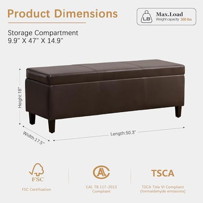 Faux Leather Storage Ottoman Bench 50.3 Inch Extra Long PU Upholstered Bedroom Bench with Large Storage Space for The Living Room, Entryway, Bedroom Hold Up to 300lbs (Brown)