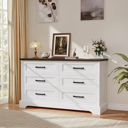Dresser for Bedroom, Farmhouse 6 Drawers Dressers, White and Brown, view 7