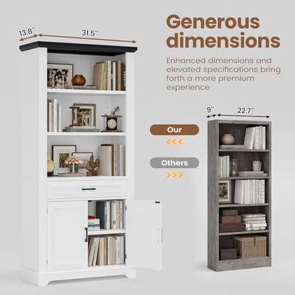 Farmhouse Bookshelves and Bookcases with Doors and Drawer, Bookshelf with Storage, Floor Standing 6 Shelf Display Storage Shelves 70 in Tall Bookshelf for Home Office, Living Room, White