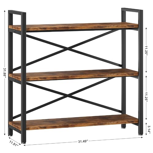 3 Tier Bookshelf 31.49" Width, Wood and Metal Etagere Bookcase, Vintage Farmhouse Modern Wooden Big Book Shelf for Home Living Room Bedroom Office Storage(Rustic Brown)