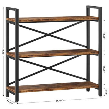3 Tier Bookshelf 31.49" Width, Wood and Metal Etagere Bookcase, Vintage Farmhouse Modern Wooden Big Book Shelf for Home Living Room Bedroom Office Storage(Rustic Brown)
