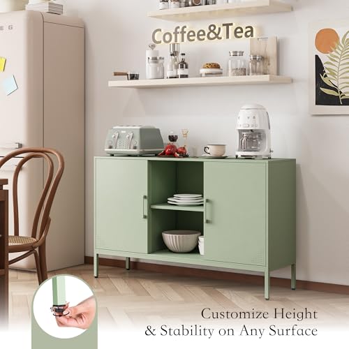 Metal Cabinet, High Capacity Green Buffet Cabinet Coffee Bar Sideboard with Adjustable Shelf, Pantry Drink Locker for Living Room, Kitchen, Bedroom, Dining Room, Entryway (Green)
