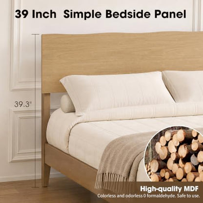 Queen Bed Frame with Wave Headboard, Solid Wood Legs, Oak, view 5