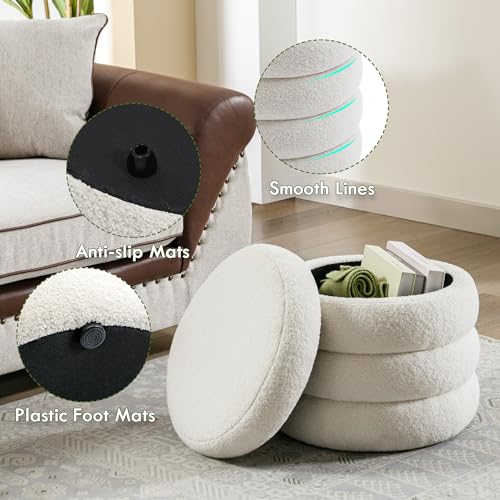 Boucle Ottoman with Storage, Small Round Footrest Stool for Living Room Bedroom, Upholstered Sherpa Vanity Seat with Removable Lid, Modern Comfy Foot Stool for Couch Entryway, Off White