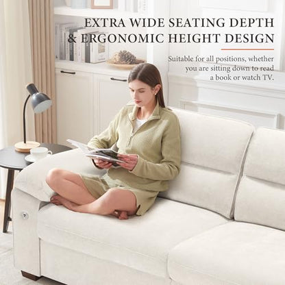 90.5" Modern Sofa 2-Seater Couch for Living Room, Chenille Pillow-Armrest with Extra Large Seat Width, USB/Type-C Charging Port & Side Pocket, Removable Medium Firm Cushion(Beige)
