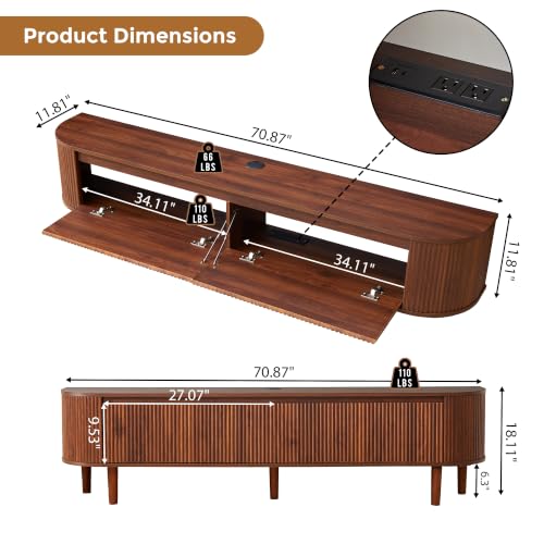 70.8" Floating Fluted TV Stand with Legs and Power Outlet for TVs up to 80", view 3