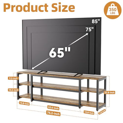 85 inch TV Stand, Entertainment Center for 70 75 80 85" TV, 75.2" Wide Wood Television Console Table for Living Room Bedroom Gaming Room, Rustic Brown