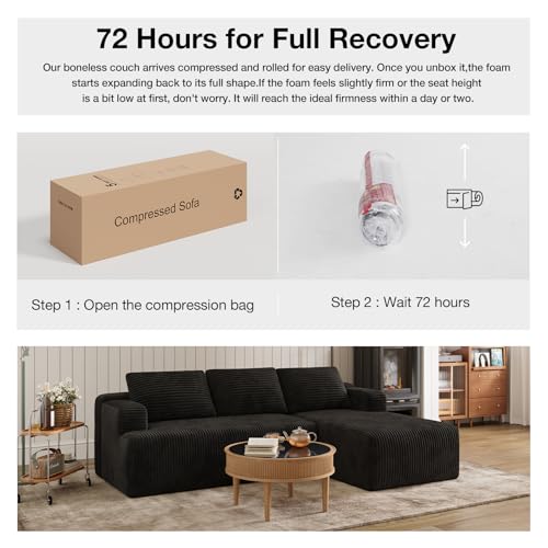 L-Shape Sectional Couches for Living Room with Smarts Coil® Support, 3 Seater Sectional Sofas for Living Room Bedroom, Corduroy Cloud Couch Sectional, No Assembly(Black, Right Hand Facing)