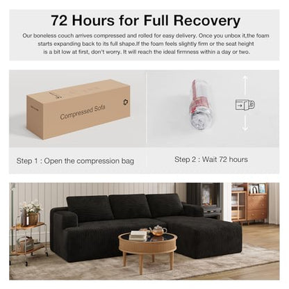L-Shape Sectional Couches for Living Room with Smarts Coil® Support, 3 Seater Sectional Sofas for Living Room Bedroom, Corduroy Cloud Couch Sectional, No Assembly(Black, Right Hand Facing)