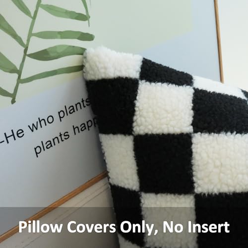 Decorative Throw Pillow Covers Luxury Style Checkerboard Pattern Cushion Case Super Soft Faux Fur Wool Pillowcases for Couch Bedroom Pack of 2 (Black, 18 x 18-Inch)