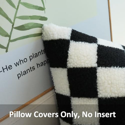 Decorative Throw Pillow Covers Luxury Style Checkerboard Pattern Cushion Case Super Soft Faux Fur Wool Pillowcases for Couch Bedroom Pack of 2 (Black, 18 x 18-Inch)