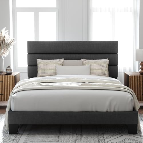 Gray Platform Bed with Fabric Headboard, view 2