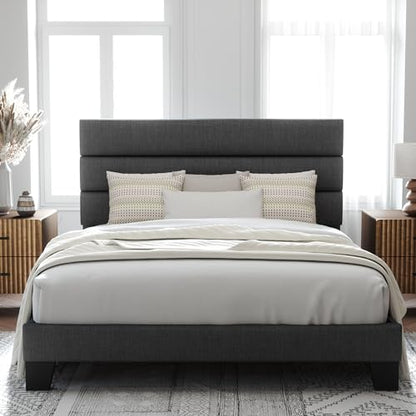Gray Platform Bed with Fabric Headboard, view 2