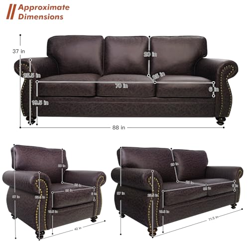 Rivet Couch,Living Room Sets,Mid-Century Couch, Solid Wooden Frame for Living Room,Vintage Couches (Brown, Loveseat+3 Seater)