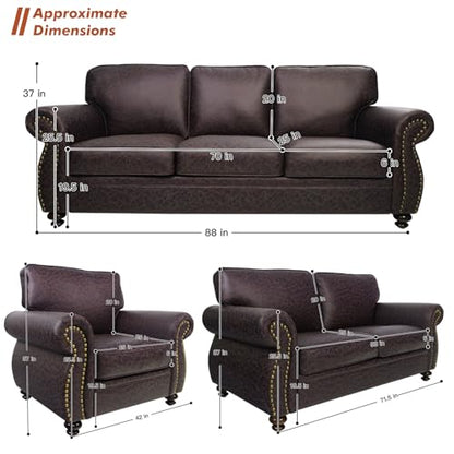 Rivet Couch,Living Room Sets,Mid-Century Couch, Solid Wooden Frame for Living Room,Vintage Couches (Brown, Loveseat+3 Seater)