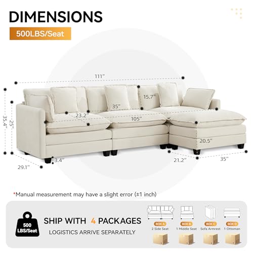 111'' Sectional Cloud Deep Seat Couch, Modern Comfy Chenille L Shaped Sectional Sofa for Living Room Set, Upholstered Modular 4-Seats Sofa Couch with Movable Ottoman, Beige