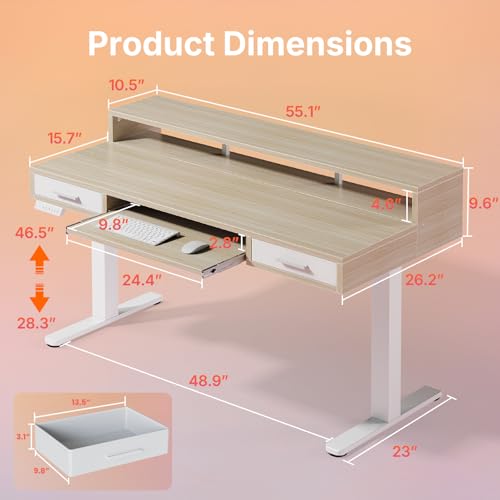 55″ x 26″ Electric Standing Desk with 2 Drawers &24.4″ Large Keyboard Tray, view 3