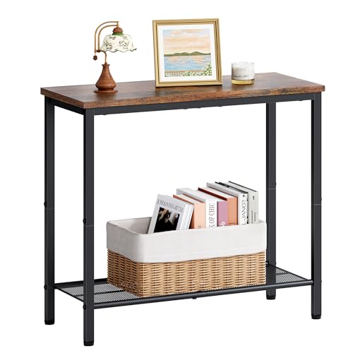 2 Tier End Table, Sofa Side Table, Narrow Side Table with Storage, Slim Nightstand for Small Spaces, Metal Frame, for Living Room, Bedroom, Sofa Couch, Hall, Rustic Brown